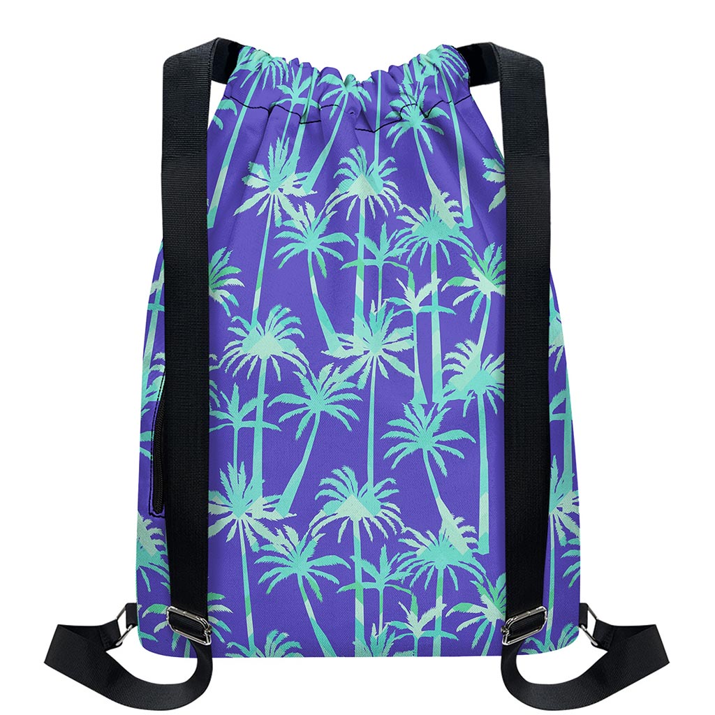 Teal Palm Tree Pattern Print Drawstring Backpack