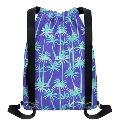 Teal Palm Tree Pattern Print Drawstring Backpack