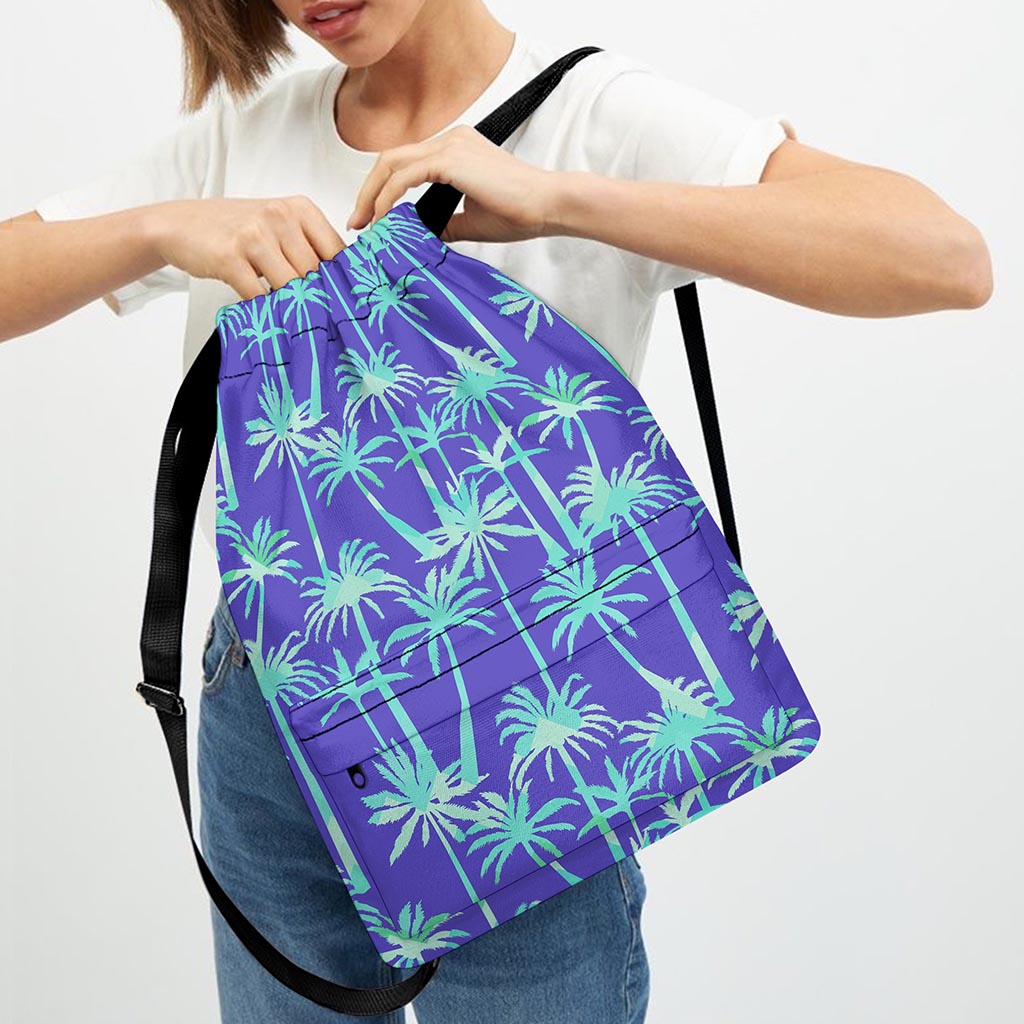 Teal Palm Tree Pattern Print Drawstring Backpack