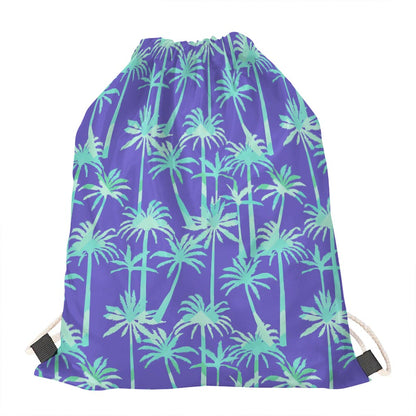 Teal Palm Tree Pattern Print Drawstring Bag