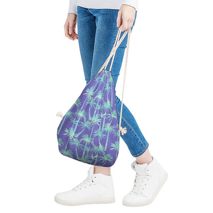 Teal Palm Tree Pattern Print Drawstring Bag