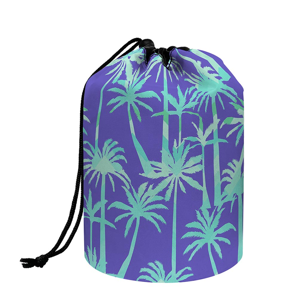Teal Palm Tree Pattern Print Drawstring Makeup Bag