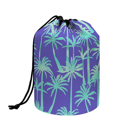 Teal Palm Tree Pattern Print Drawstring Makeup Bag