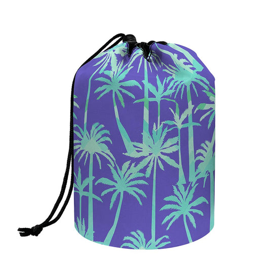 Teal Palm Tree Pattern Print Drawstring Makeup Bag