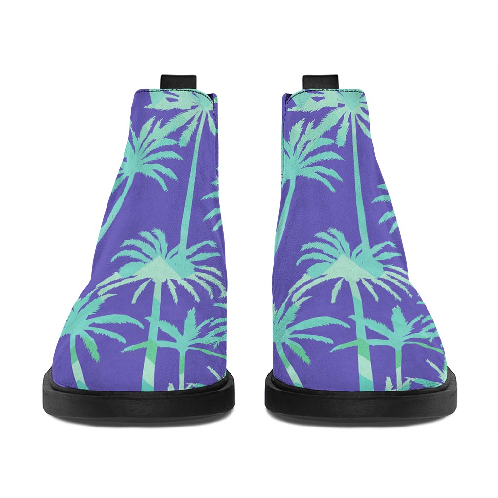 Teal Palm Tree Pattern Print Flat Ankle Boots
