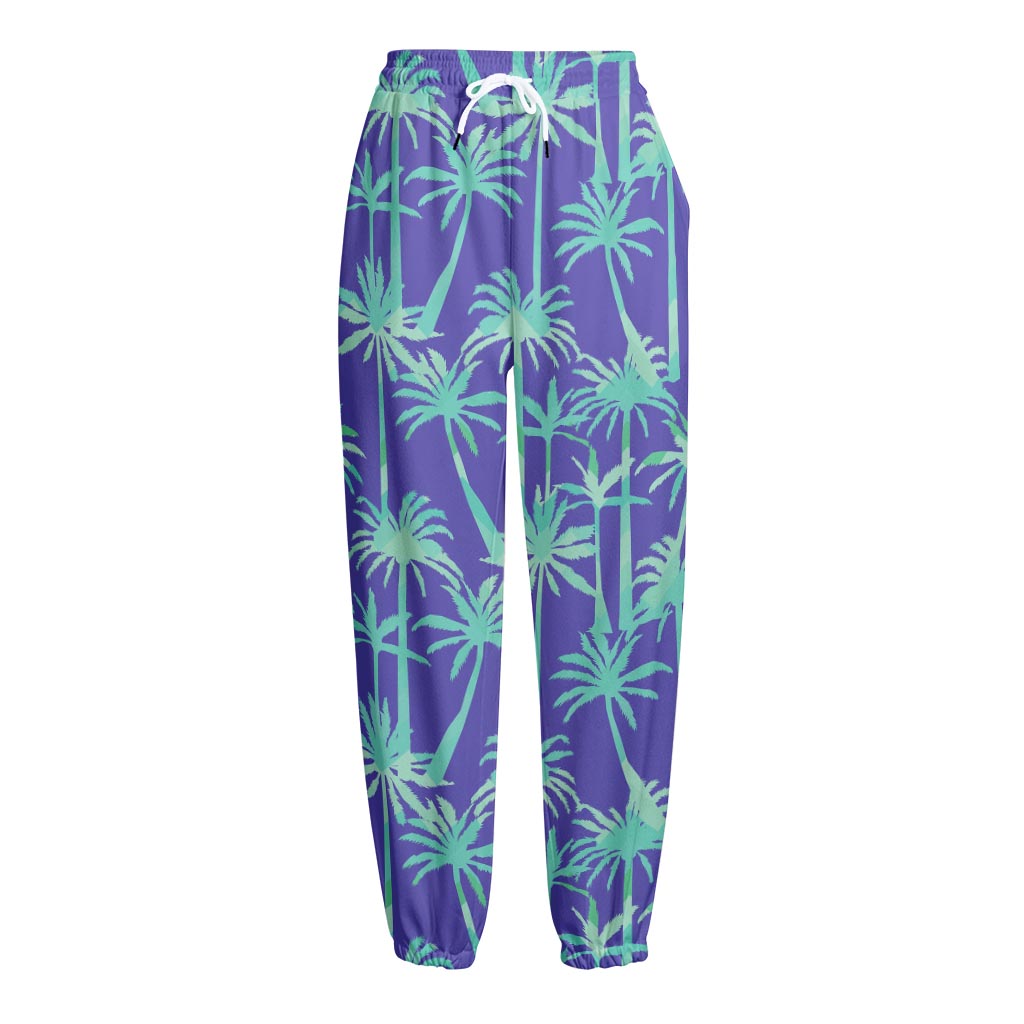 Teal Palm Tree Pattern Print Fleece Lined Knit Pants