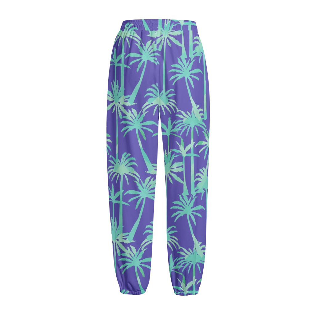 Teal Palm Tree Pattern Print Fleece Lined Knit Pants