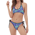 Teal Palm Tree Pattern Print Halter Scoop Tie Side Bikini