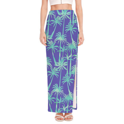 Teal Palm Tree Pattern Print High Slit Maxi Skirt