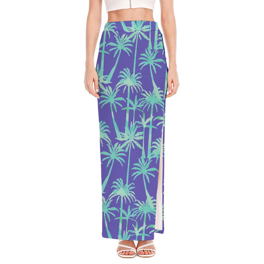 Teal Palm Tree Pattern Print High Slit Maxi Skirt
