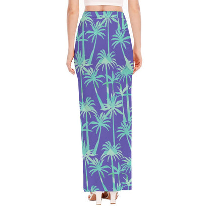 Teal Palm Tree Pattern Print High Slit Maxi Skirt