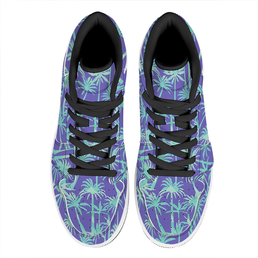 Teal Palm Tree Pattern Print High Top Leather Sneakers