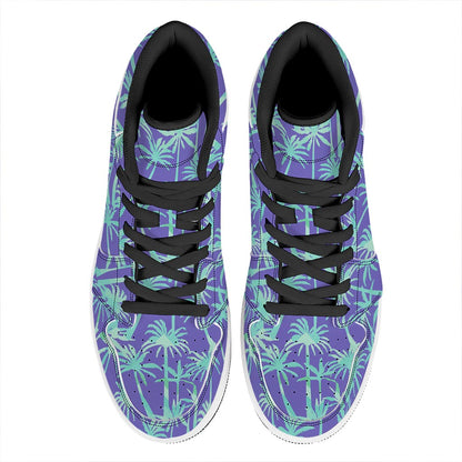Teal Palm Tree Pattern Print High Top Leather Sneakers