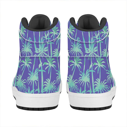 Teal Palm Tree Pattern Print High Top Leather Sneakers
