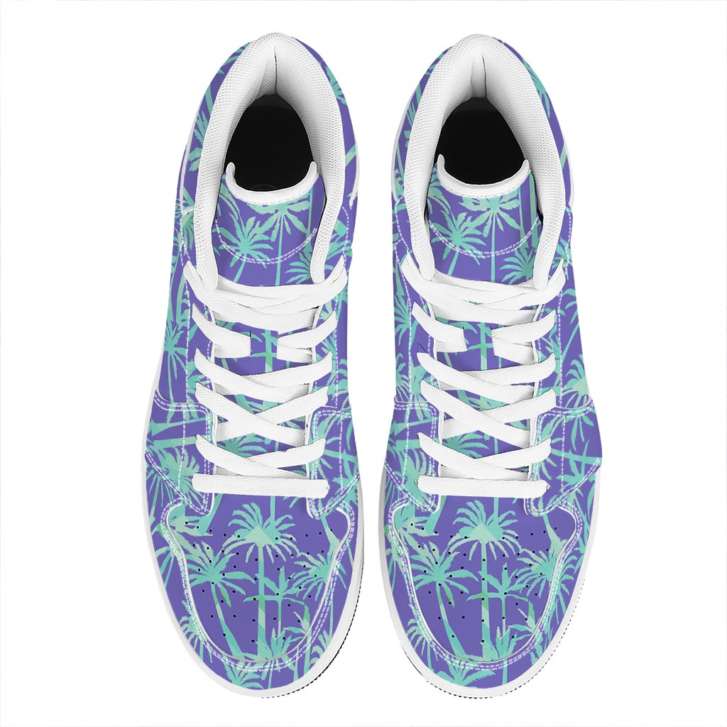Teal Palm Tree Pattern Print High Top Leather Sneakers