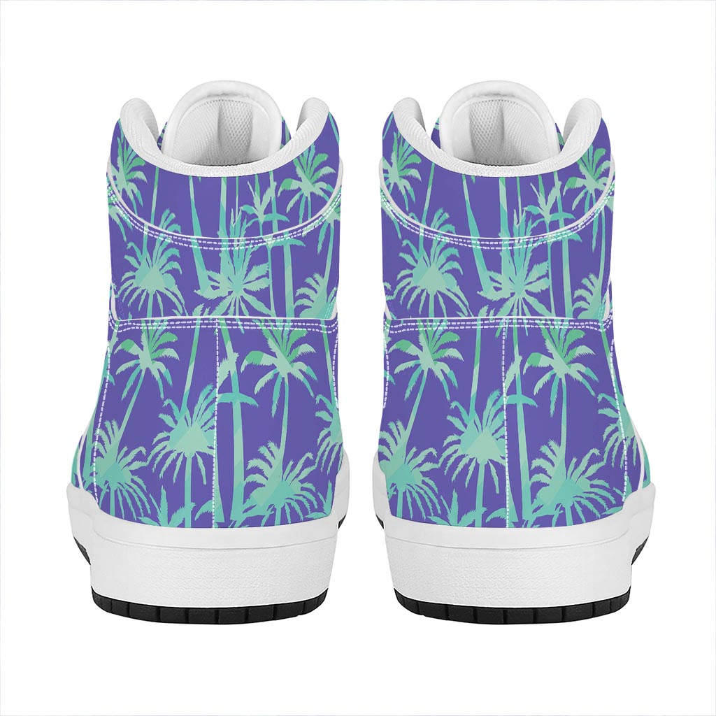 Teal Palm Tree Pattern Print High Top Leather Sneakers