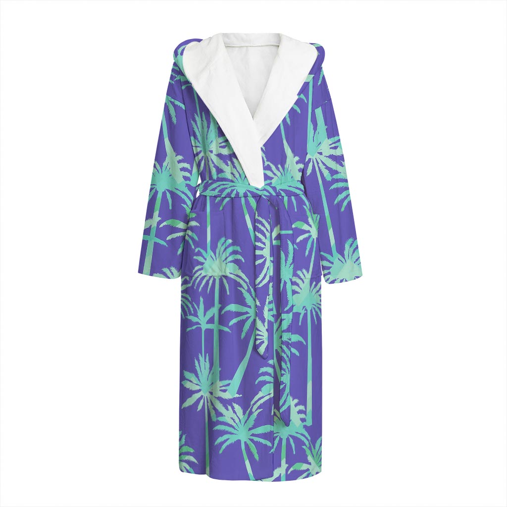 Teal Palm Tree Pattern Print Hooded Bathrobe