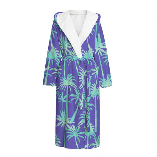 Teal Palm Tree Pattern Print Hooded Bathrobe