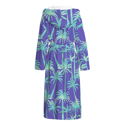 Teal Palm Tree Pattern Print Hooded Bathrobe
