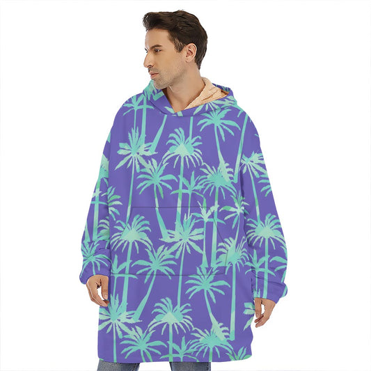 Teal Palm Tree Pattern Print Hoodie Blanket