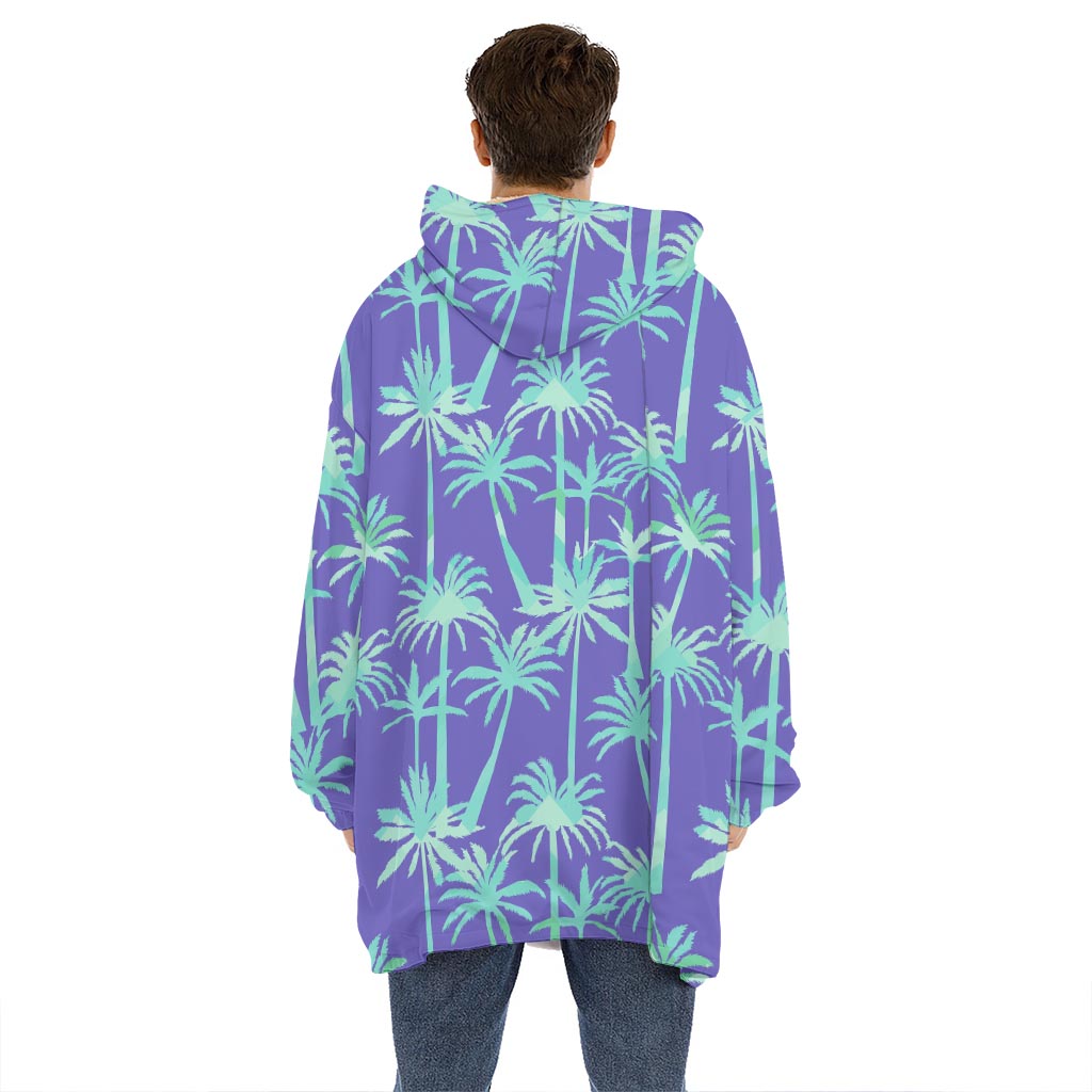 Teal Palm Tree Pattern Print Hoodie Blanket