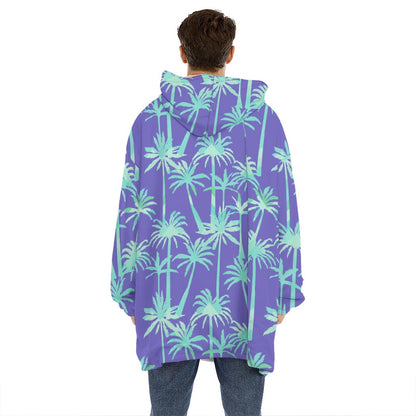 Teal Palm Tree Pattern Print Hoodie Blanket