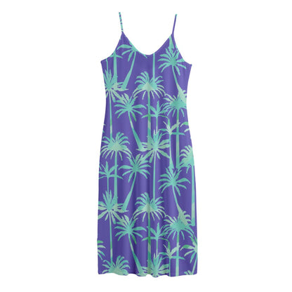 Teal Palm Tree Pattern Print Jersey Midi Cami Dress