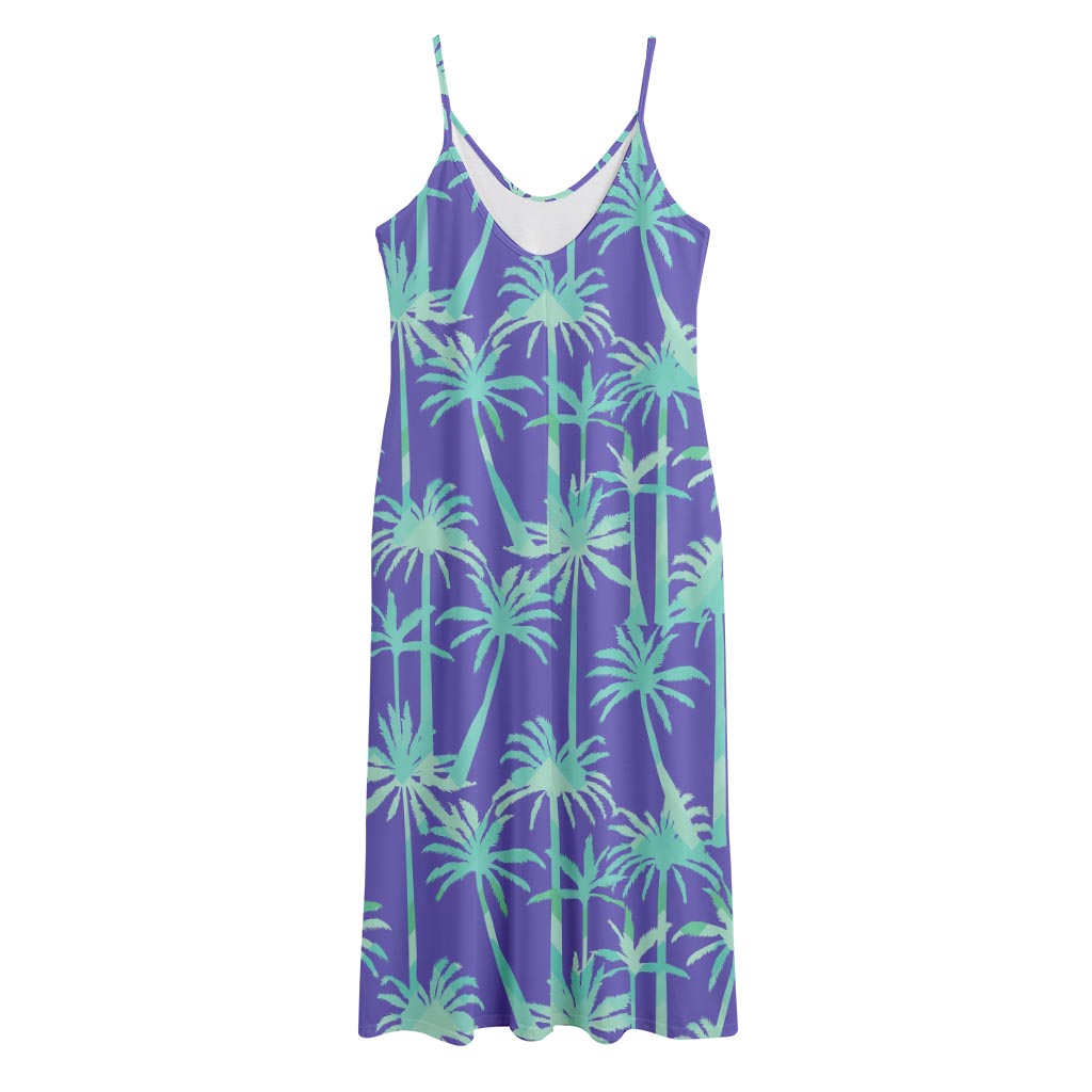 Teal Palm Tree Pattern Print Jersey Midi Cami Dress