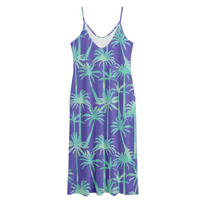 Teal Palm Tree Pattern Print Jersey Midi Cami Dress