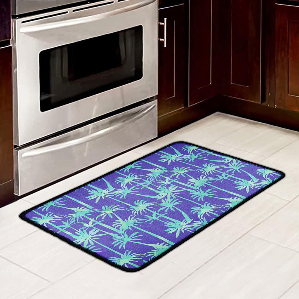 Teal Palm Tree Pattern Print Kitchen Mat