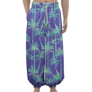 Teal Palm Tree Pattern Print Lantern Pants