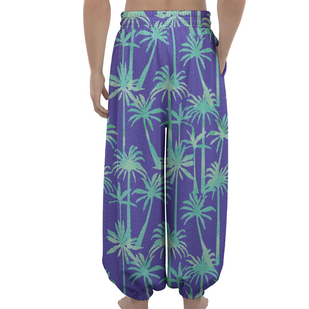 Teal Palm Tree Pattern Print Lantern Pants