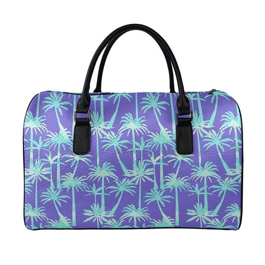 Teal Palm Tree Pattern Print Leather Duffle Bag