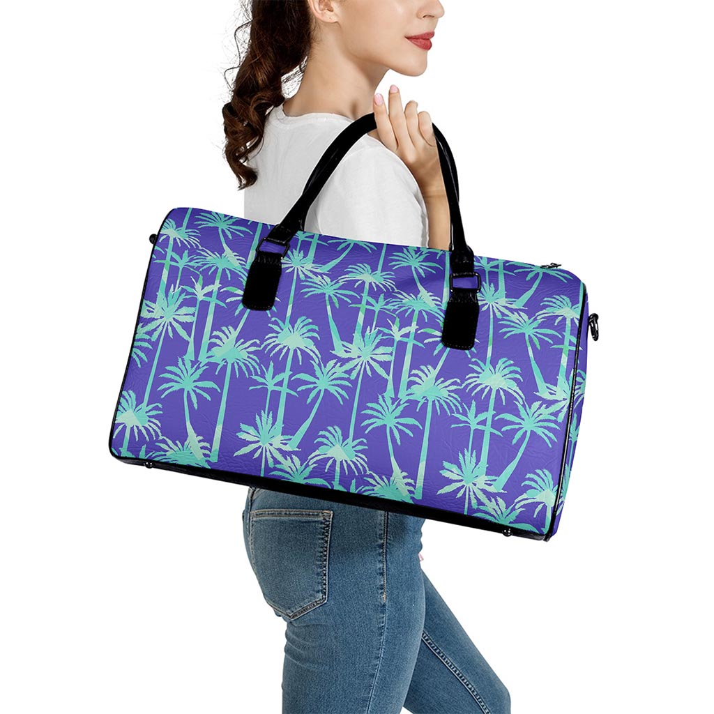 Teal Palm Tree Pattern Print Leather Duffle Bag