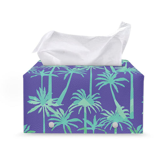 Teal Palm Tree Pattern Print Leather Tissue Box Cover