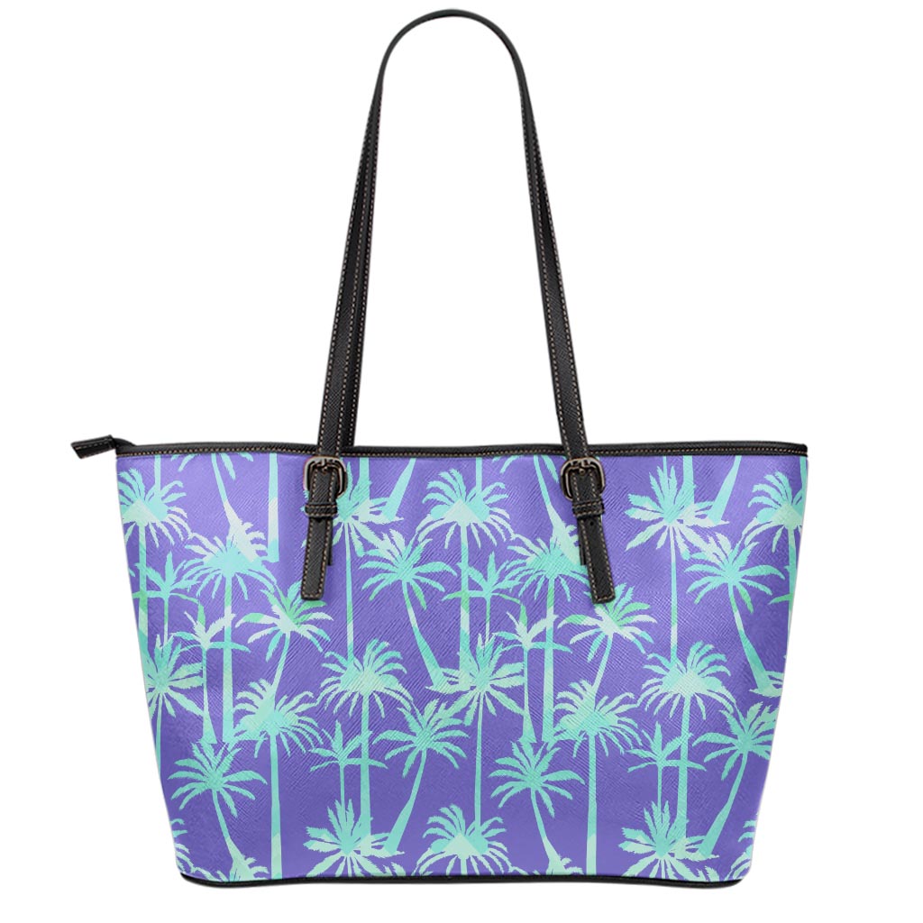 Teal Palm Tree Pattern Print Leather Tote Bag