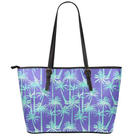 Teal Palm Tree Pattern Print Leather Tote Bag