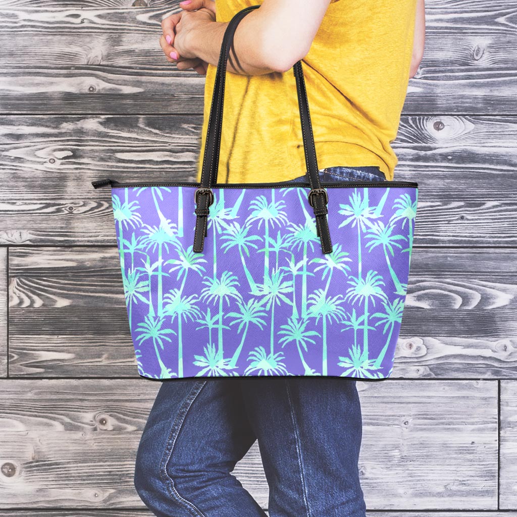 Teal Palm Tree Pattern Print Leather Tote Bag