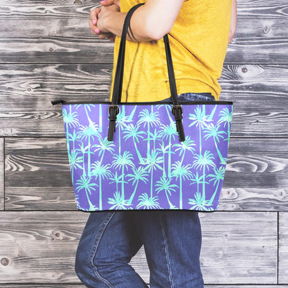 Teal Palm Tree Pattern Print Leather Tote Bag