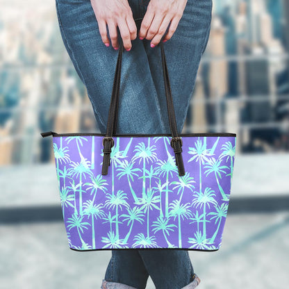 Teal Palm Tree Pattern Print Leather Tote Bag