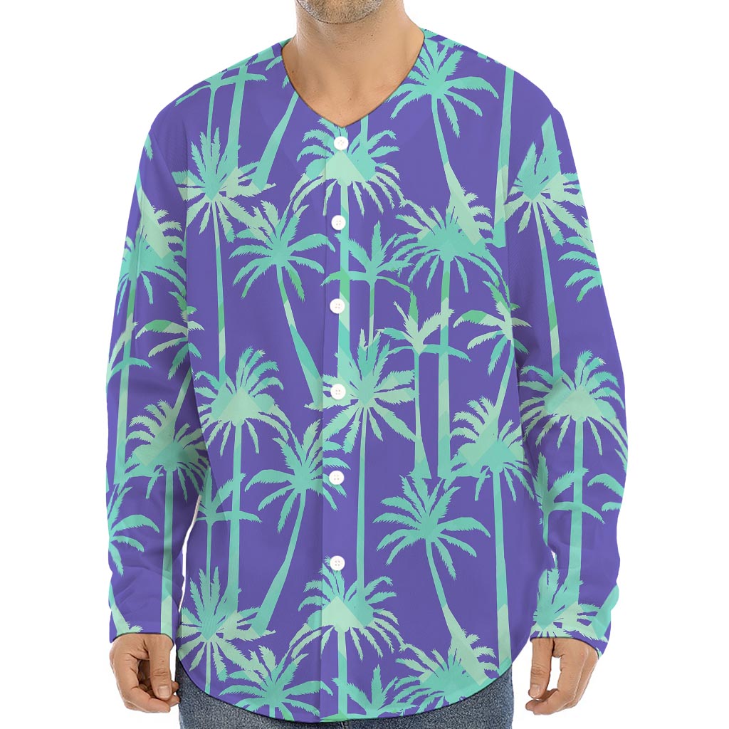 Teal Palm Tree Pattern Print Long Sleeve Baseball Jersey