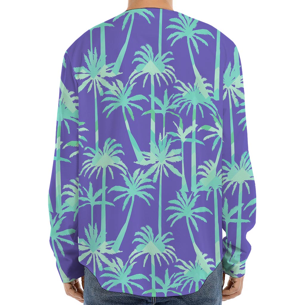 Teal Palm Tree Pattern Print Long Sleeve Baseball Jersey