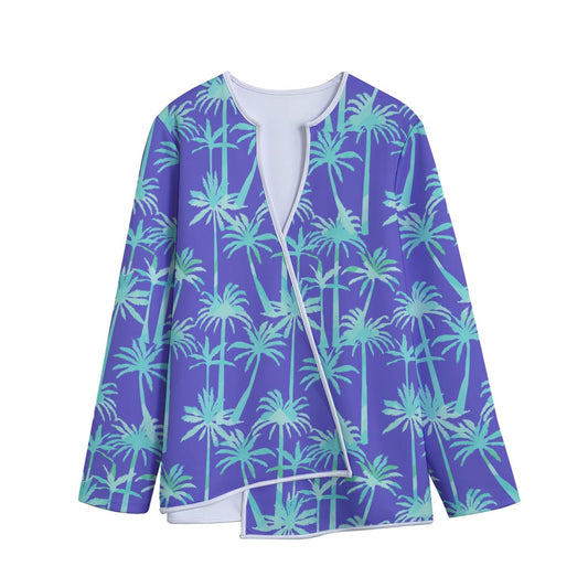 Teal Palm Tree Pattern Print Long Sleeve Short Coat