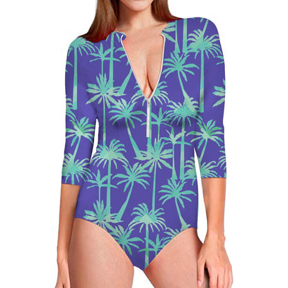 Teal Palm Tree Pattern Print Long Sleeve Swimsuit