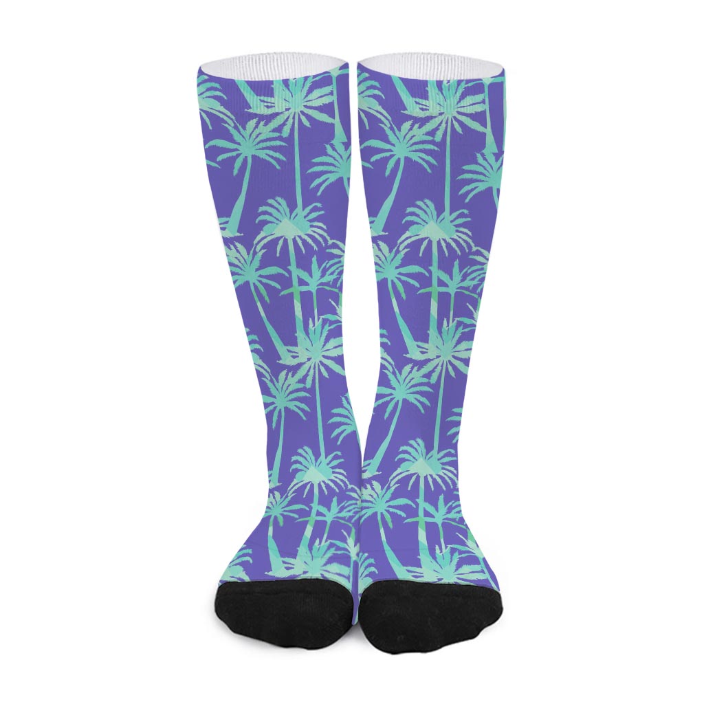 Teal Palm Tree Pattern Print Long Socks