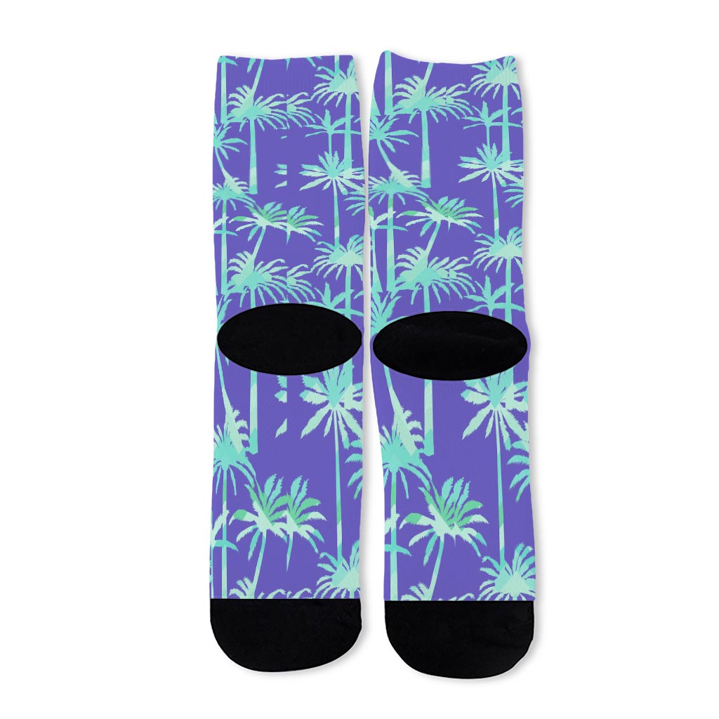 Teal Palm Tree Pattern Print Long Socks
