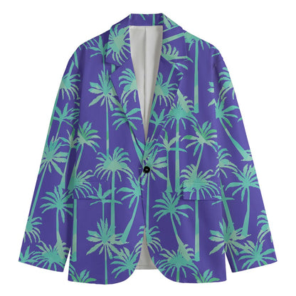 Teal Palm Tree Pattern Print Men's Blazer