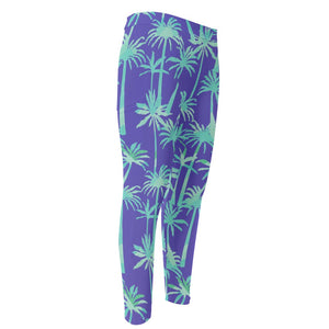 Teal Palm Tree Pattern Print Men's Compression Pants