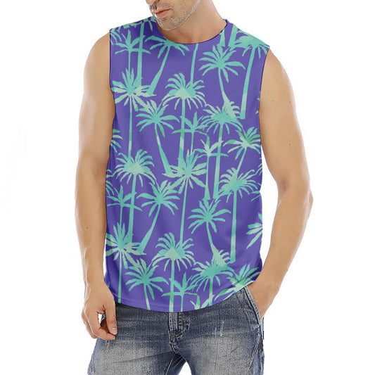 Teal Palm Tree Pattern Print Men's Fitness Tank Top