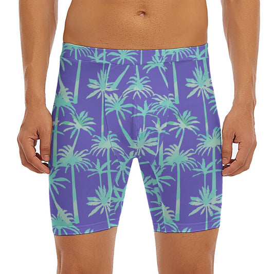 Teal Palm Tree Pattern Print Men's Long Boxer Briefs